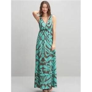 Banana Republic Silk Printed Ruffled Hem Maxi Long Dress Turquoise Brown Sz 0‎